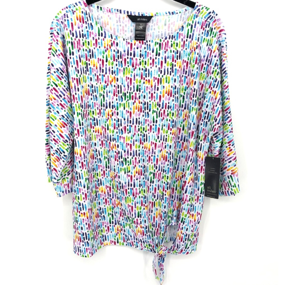 Ali Miles Top Women Small Multicolor Tie Front Colorful Artsy Mature Jersey NWT